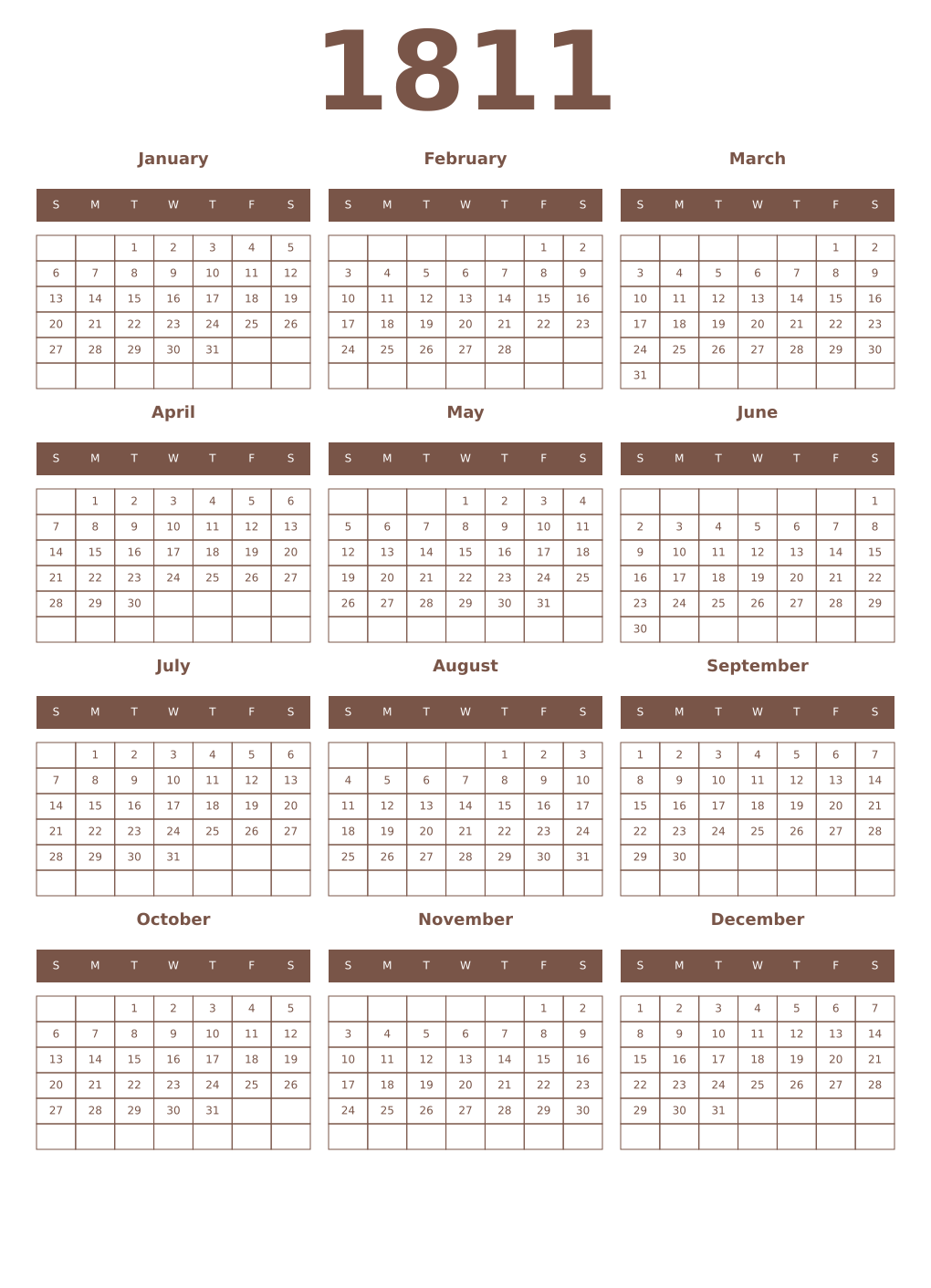 Printable 1811 Year Calendars coffe