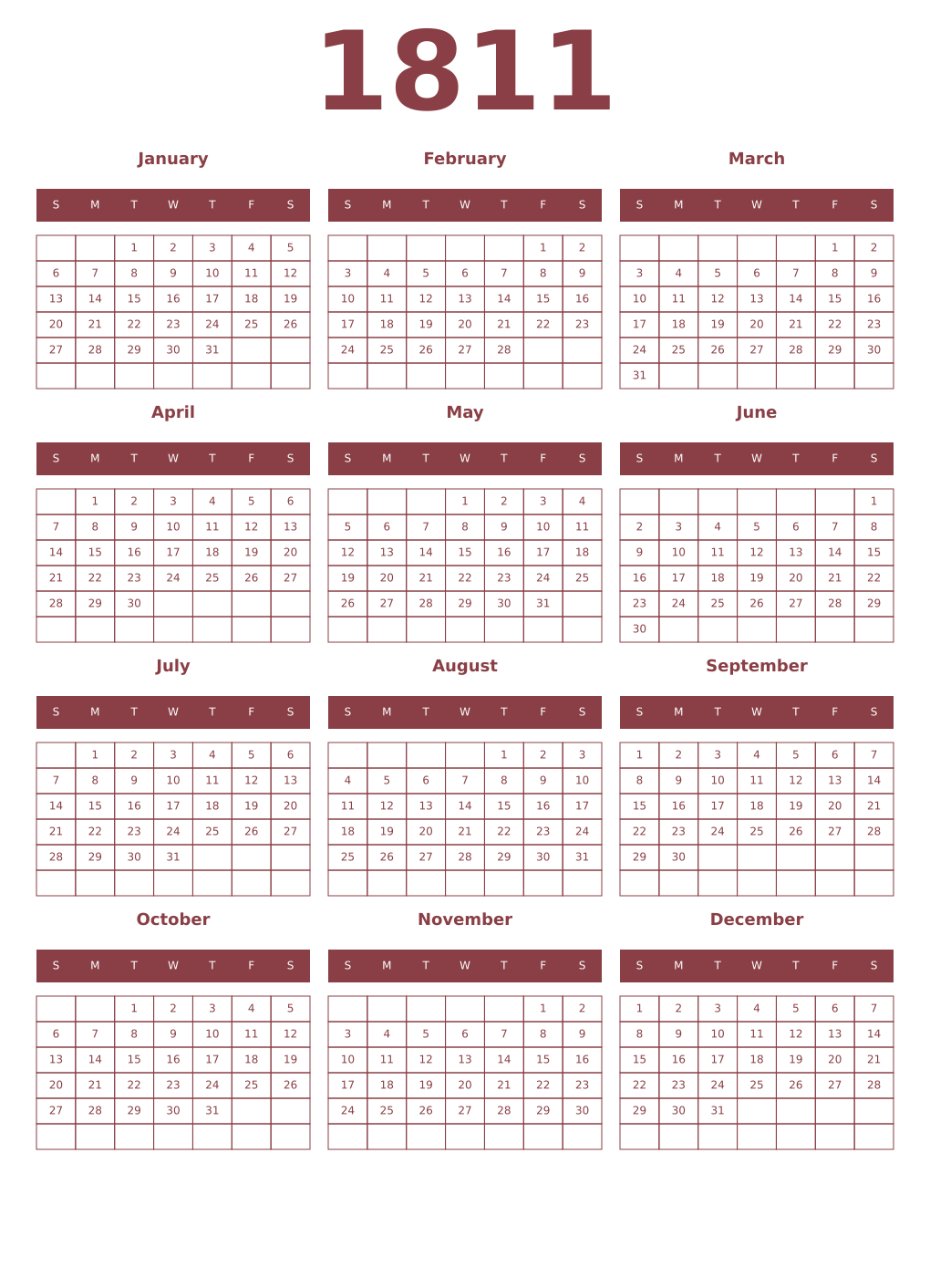 Printable 1811 Year Calendars cordovan