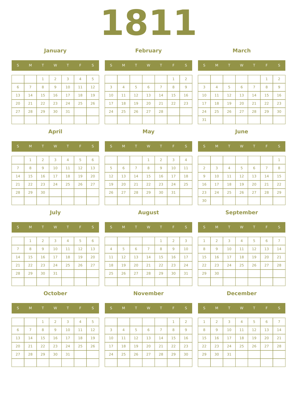 Printable 1811 Year Calendars eburnean