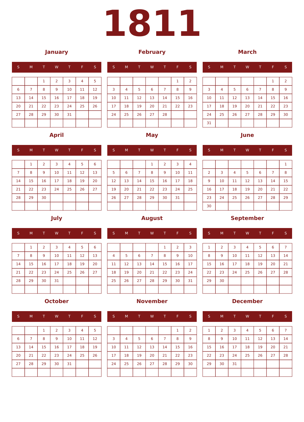 Printable 1811 Year Calendars falu