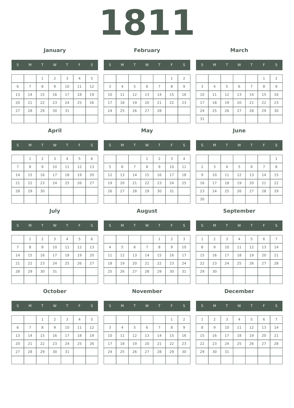 Printable 1811 Year Calendars feldgrau