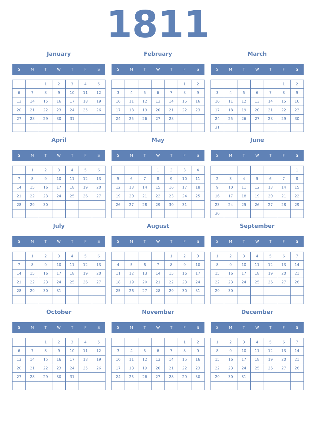 Printable 1811 Year Calendars glaucous