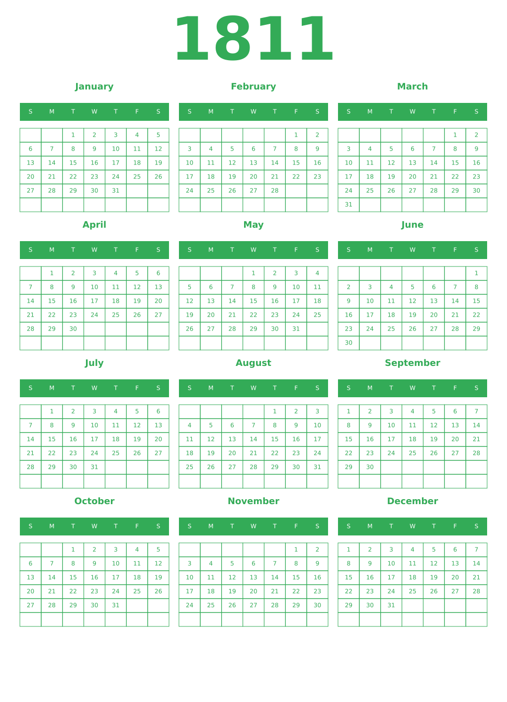 Printable 1811 Year Calendars green