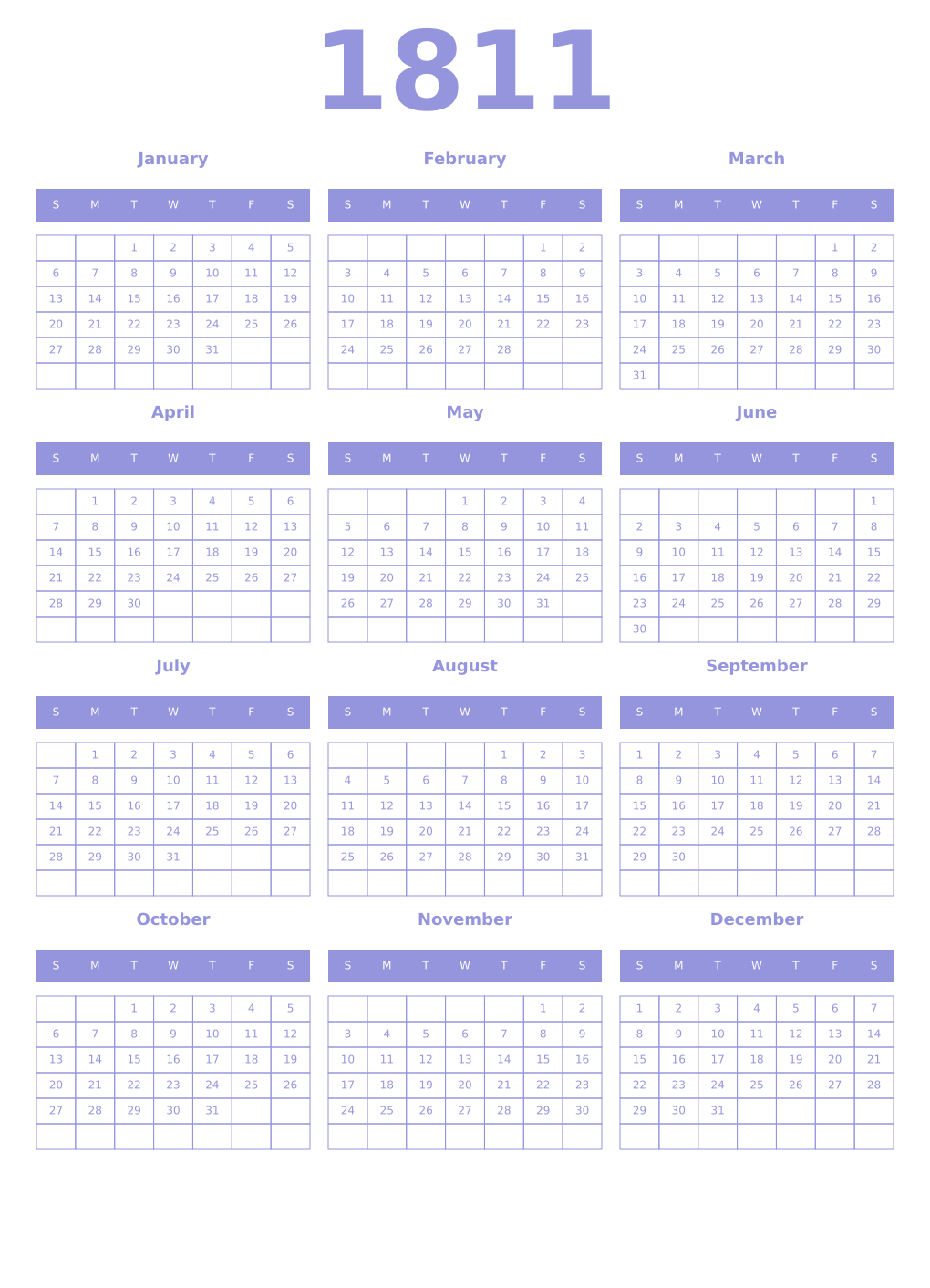 Printable 1811 Year Calendars periwinkle