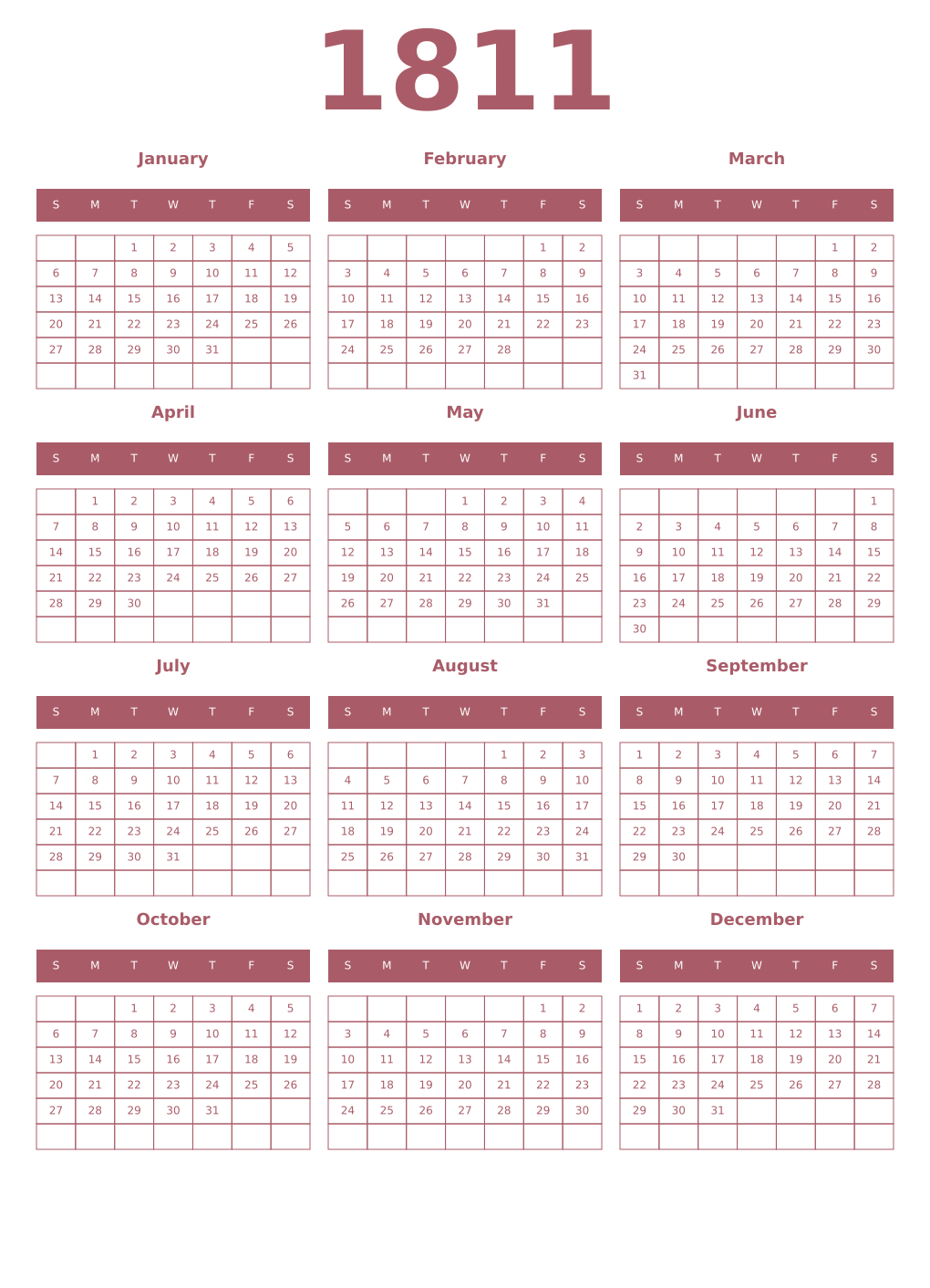 Printable 1811 Year Calendars puce