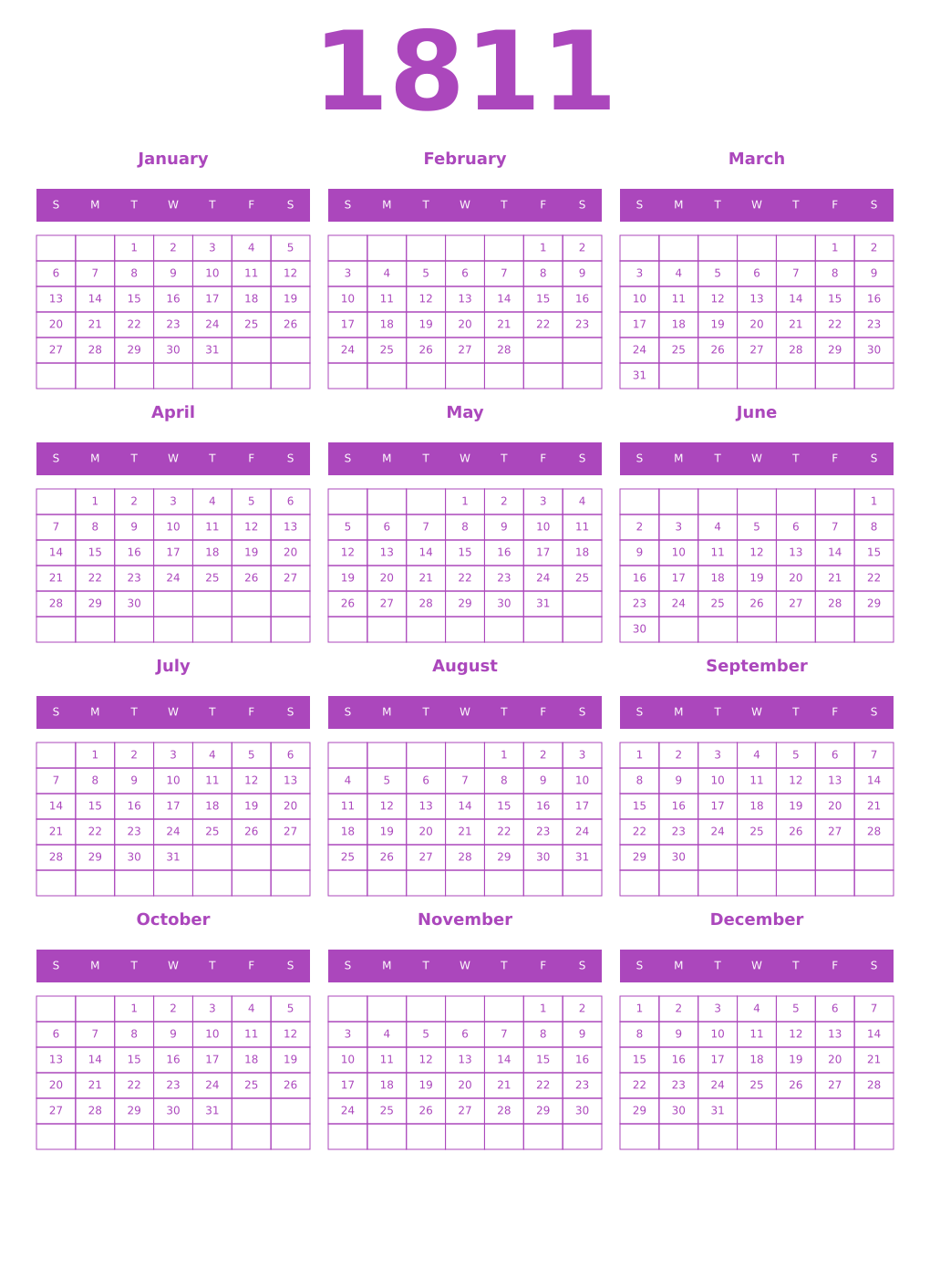 Printable 1811 Year Calendars purple