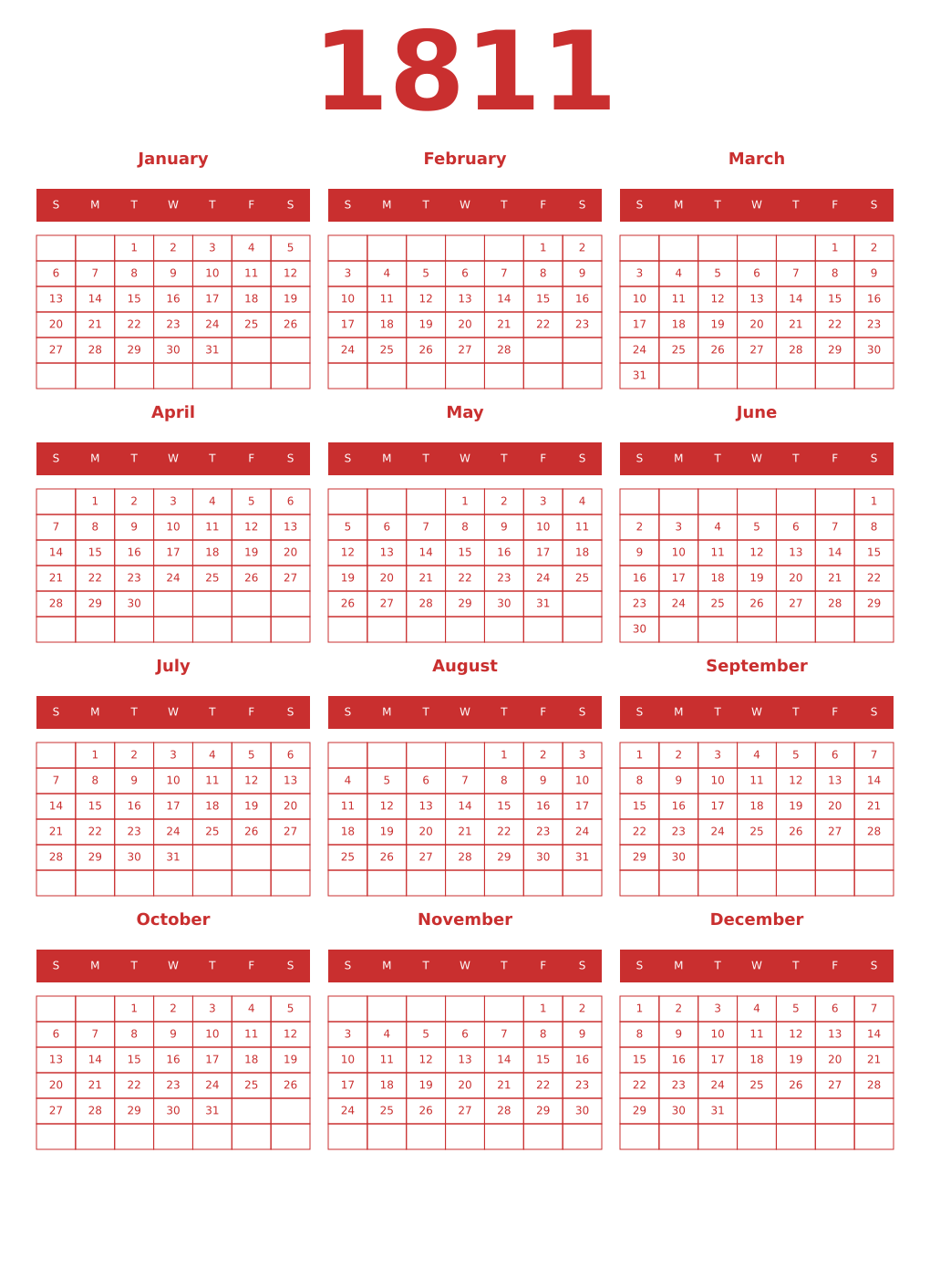 Printable 1811 Year Calendars red