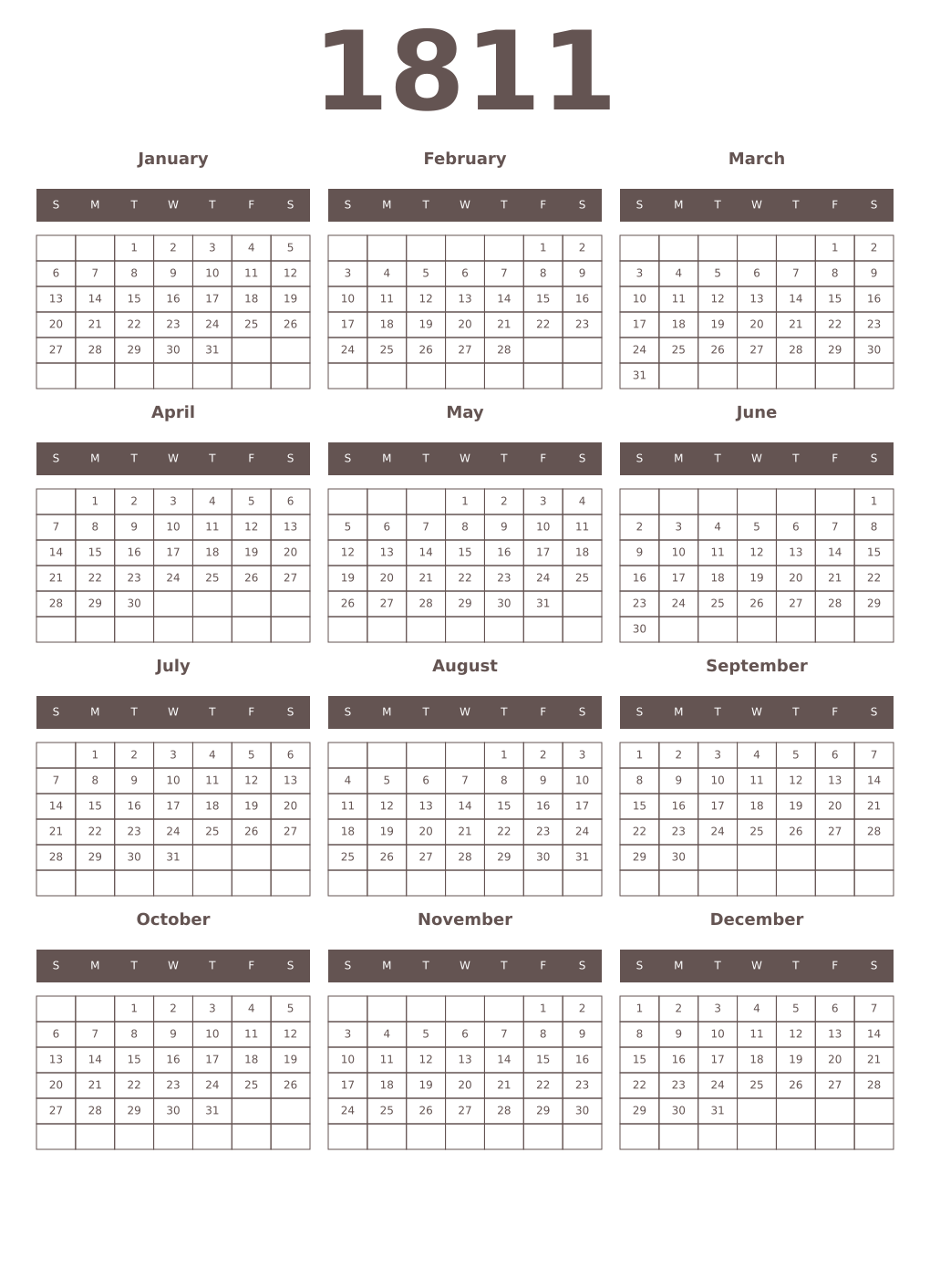 Printable 1811 Year Calendars wenge