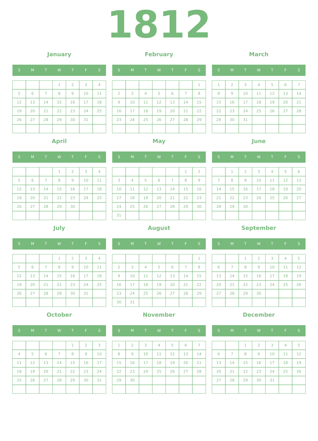 Printable 1812 Year Calendars celadon