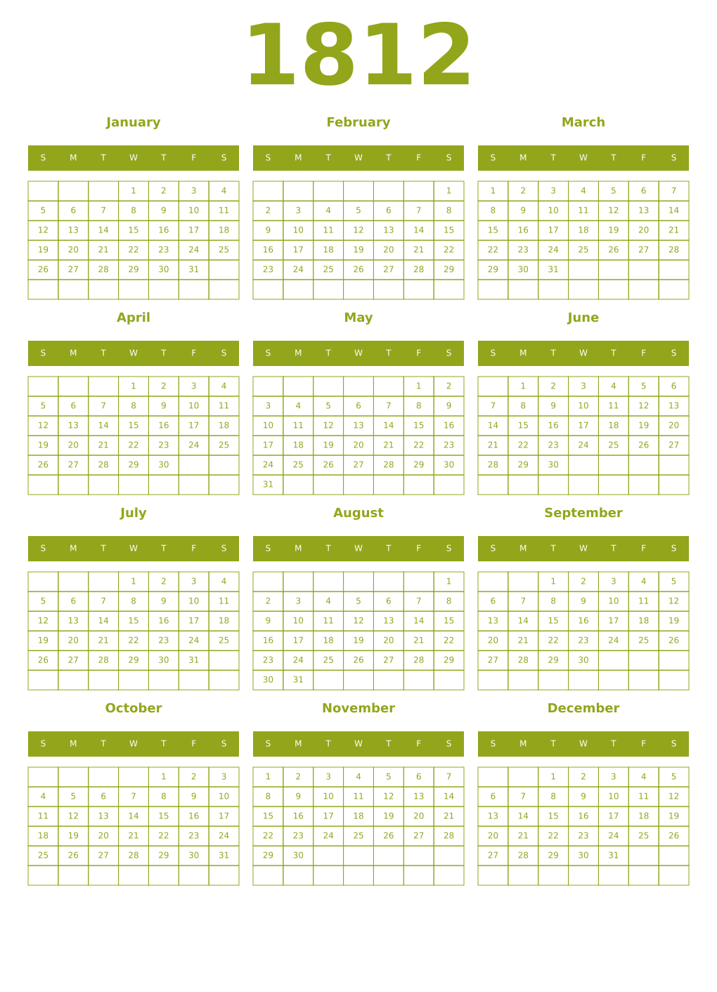 Printable 1812 Year Calendars chartreuse