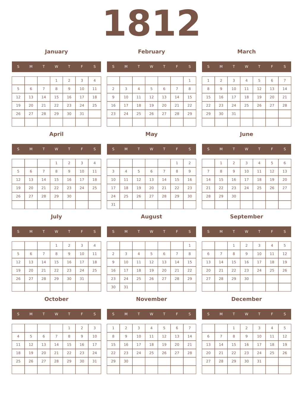 Printable 1812 Year Calendars coffe