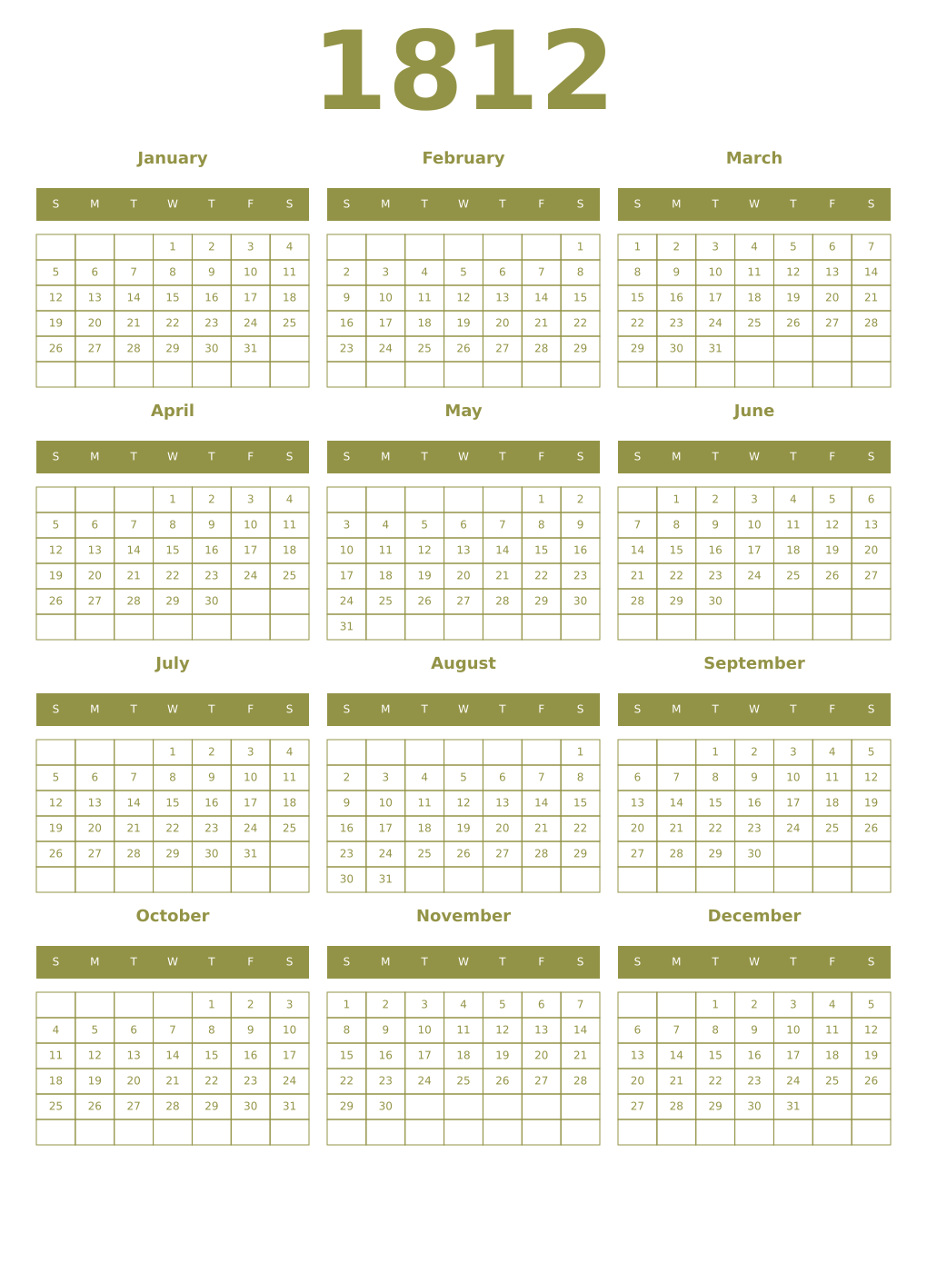 Printable 1812 Year Calendars eburnean