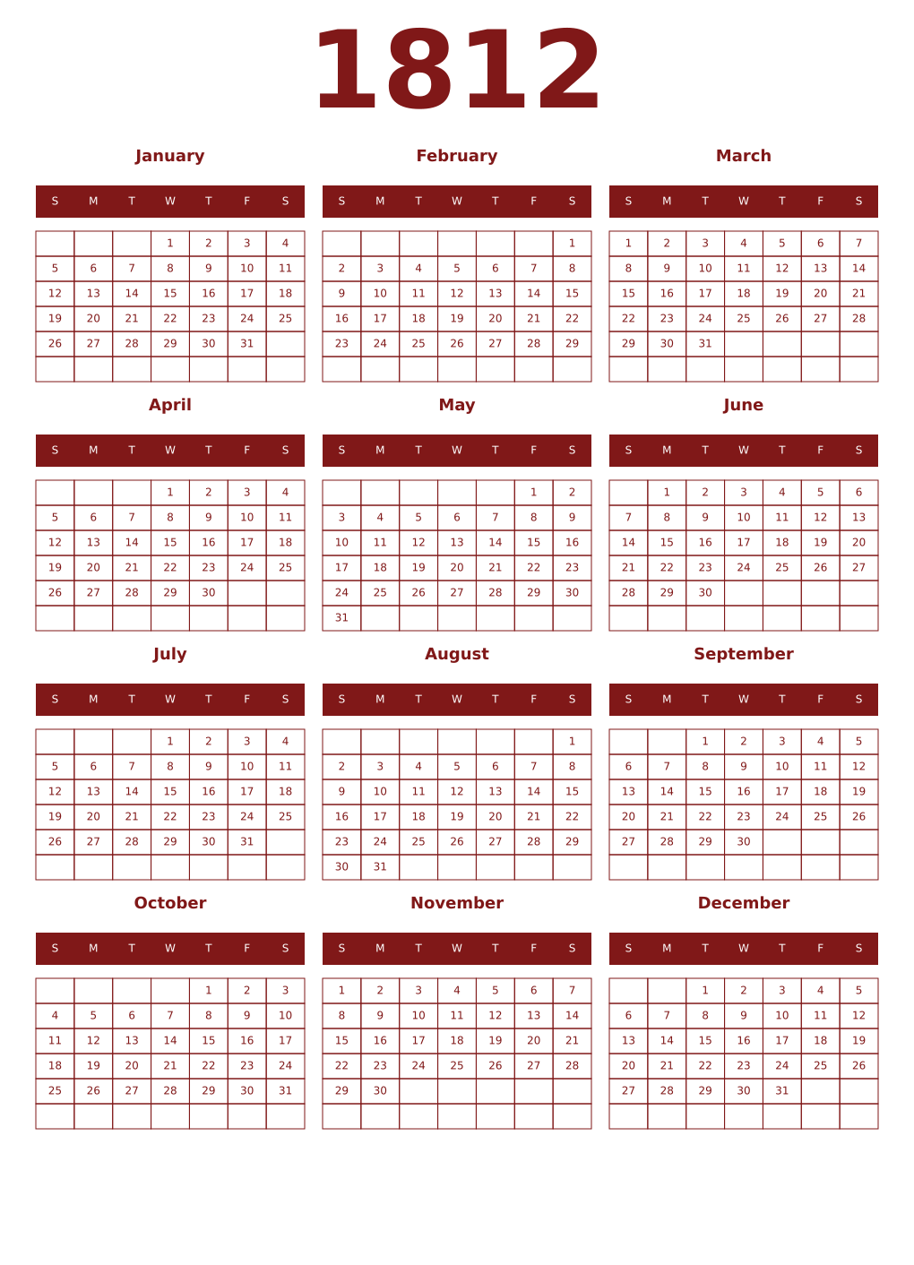 Printable 1812 Year Calendars falu