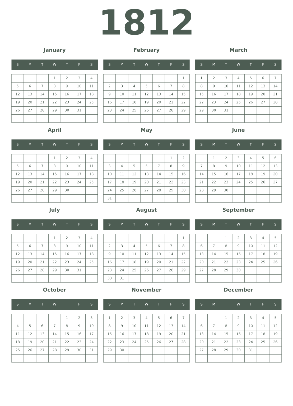 Printable 1812 Year Calendars feldgrau