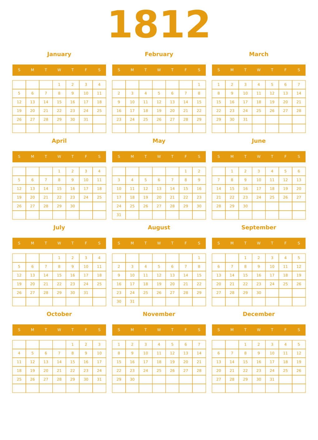 Printable 1812 Year Calendars gamboge