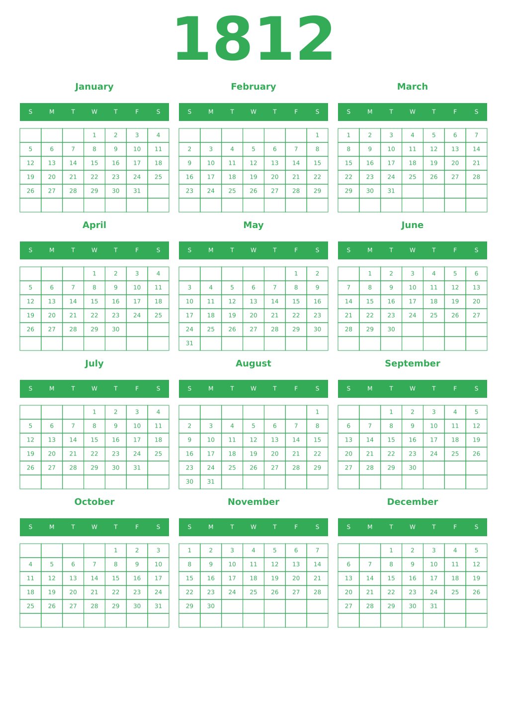 Printable 1812 Year Calendars green