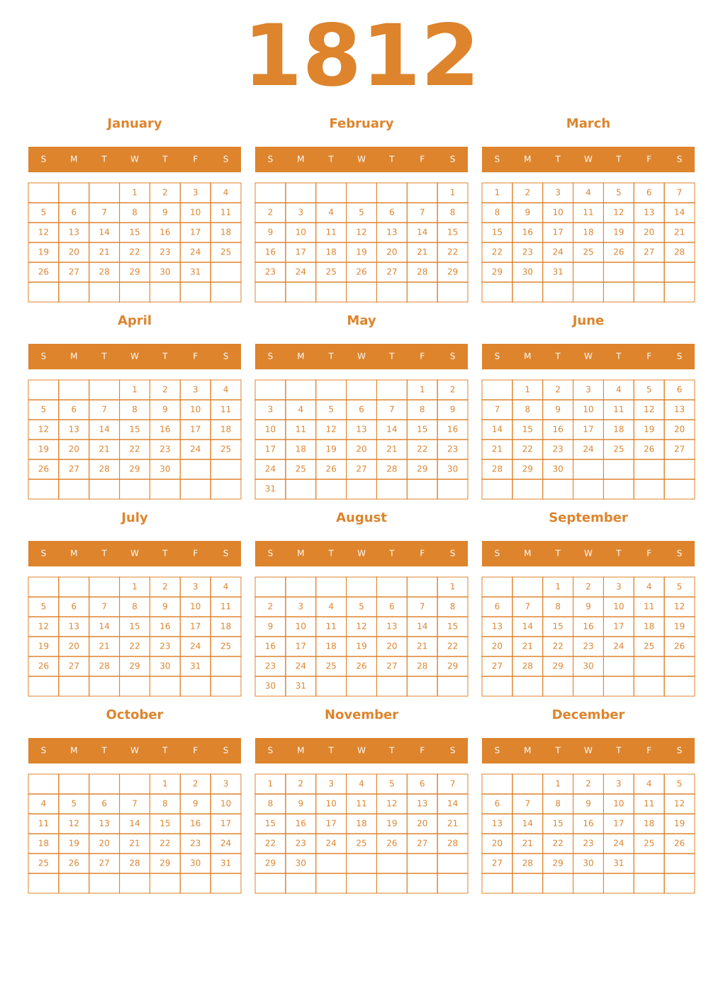 Printable 1812 Year Calendars orange