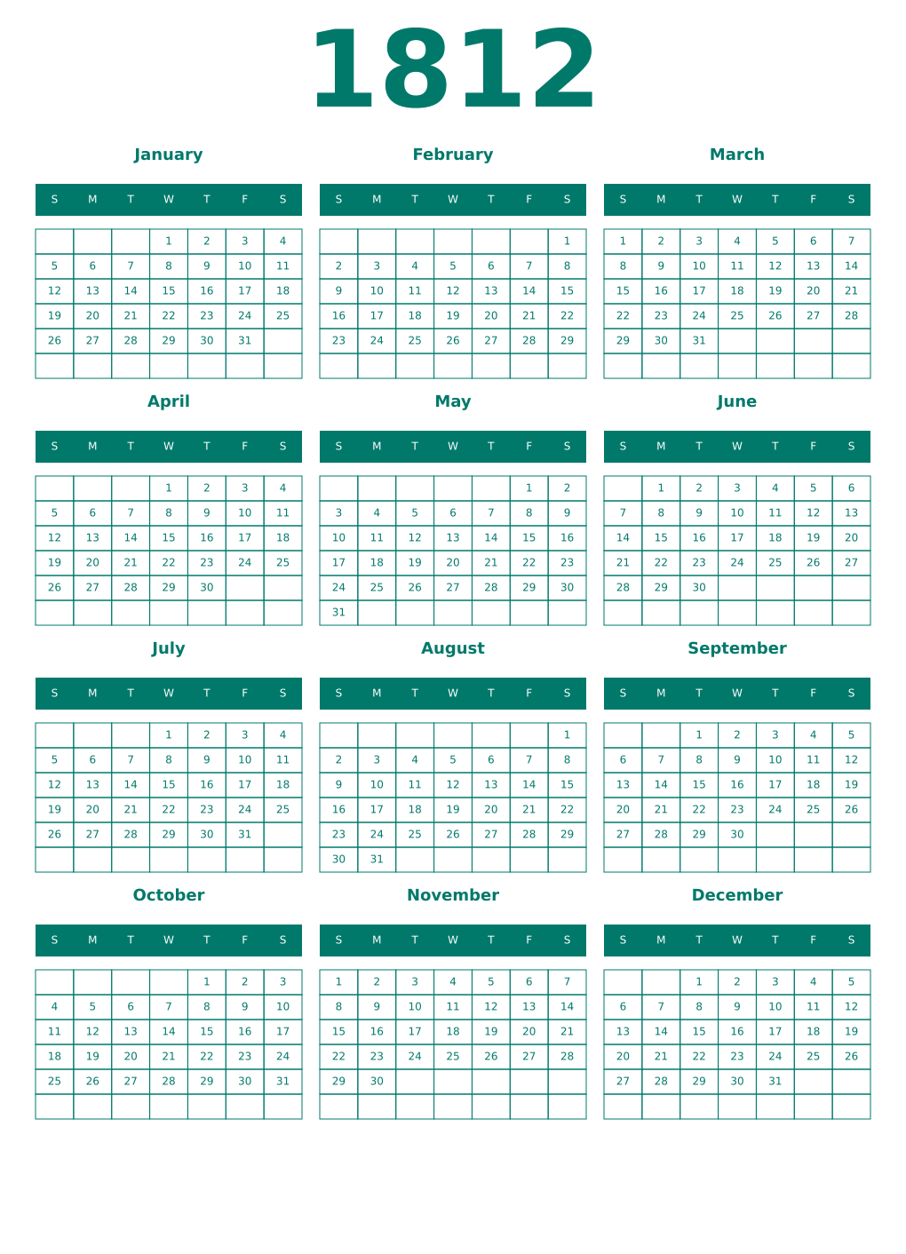 Printable 1812 Year Calendars pastel