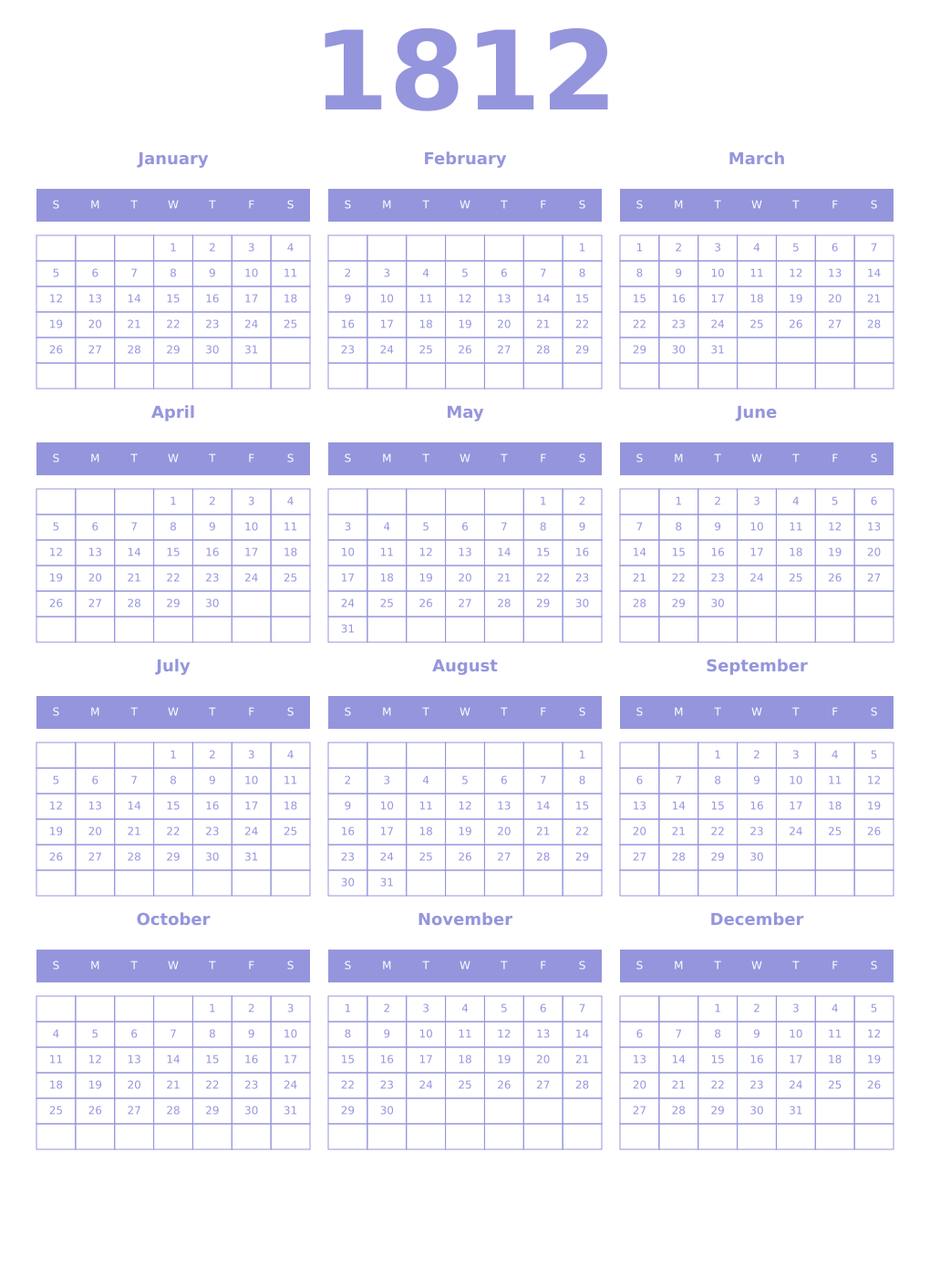 Printable 1812 Year Calendars periwinkle