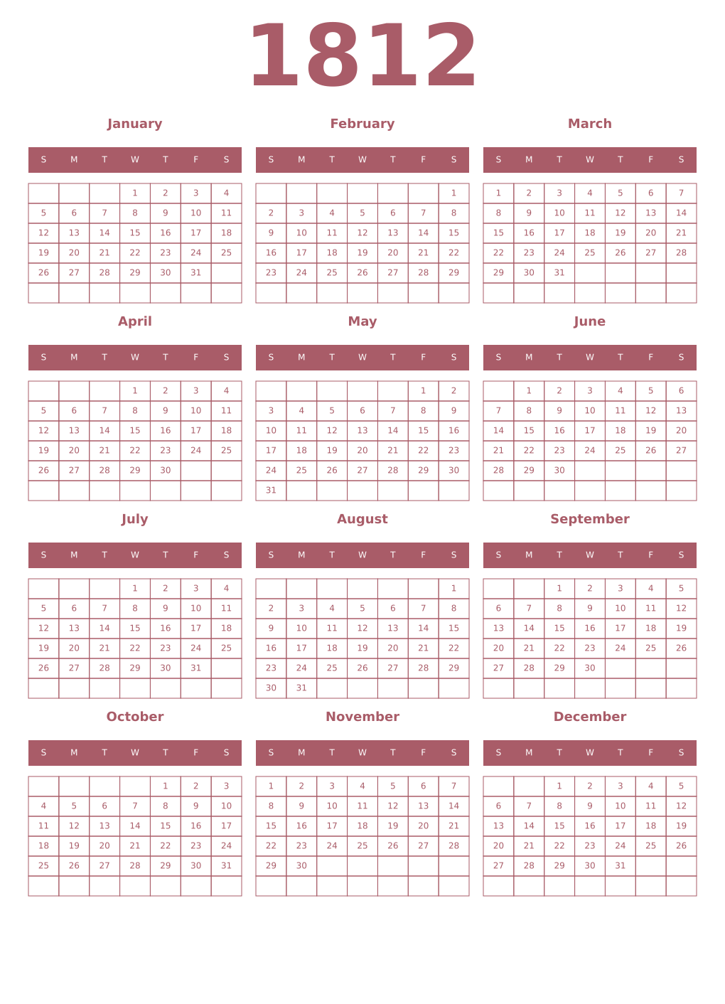 Printable 1812 Year Calendars puce