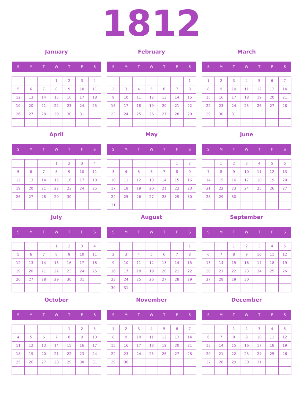 Printable 1812 Year Calendars purple