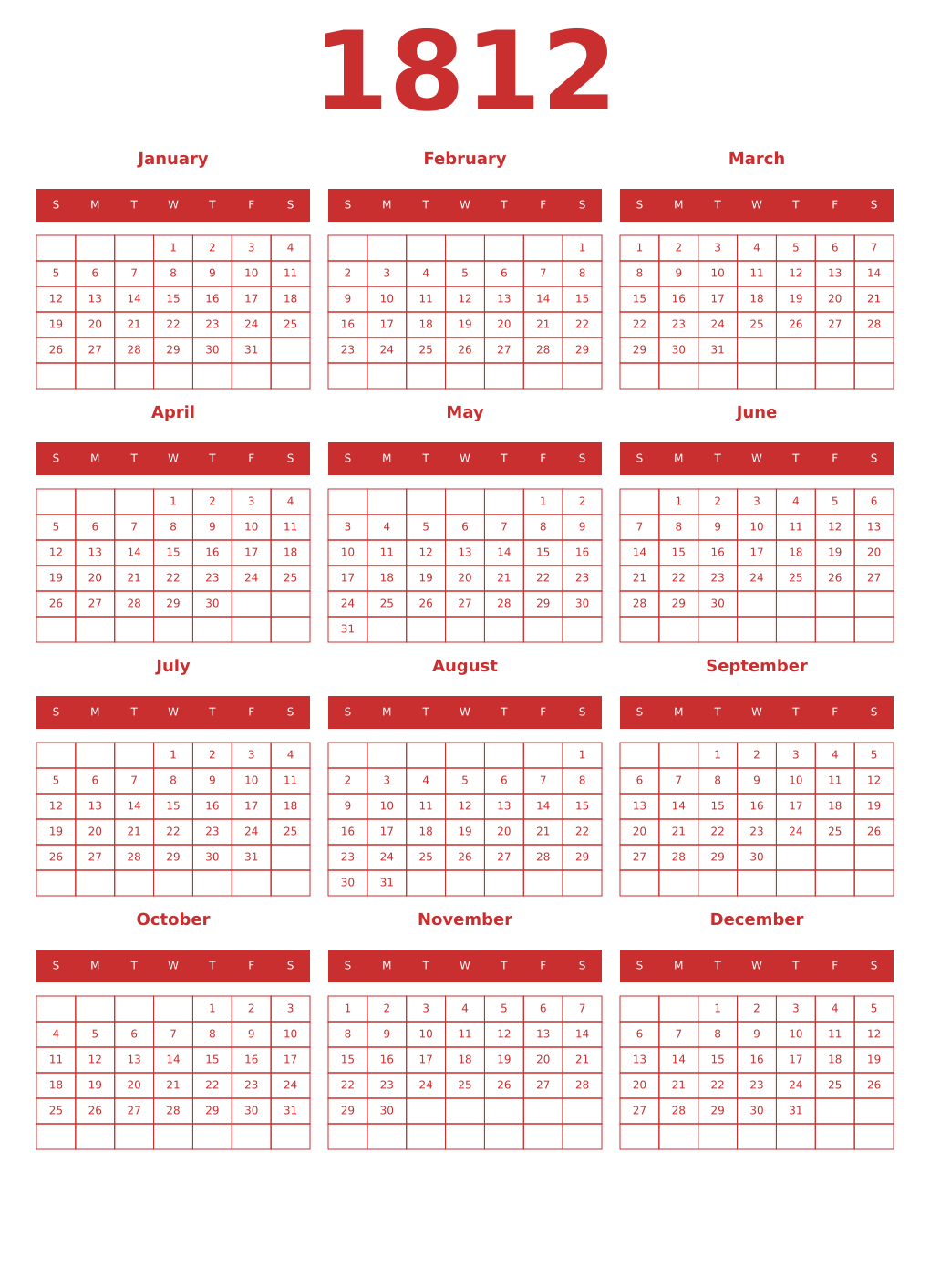 Printable 1812 Year Calendars red