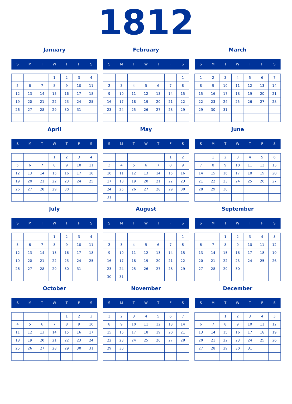 Printable 1812 Year Calendars smalt