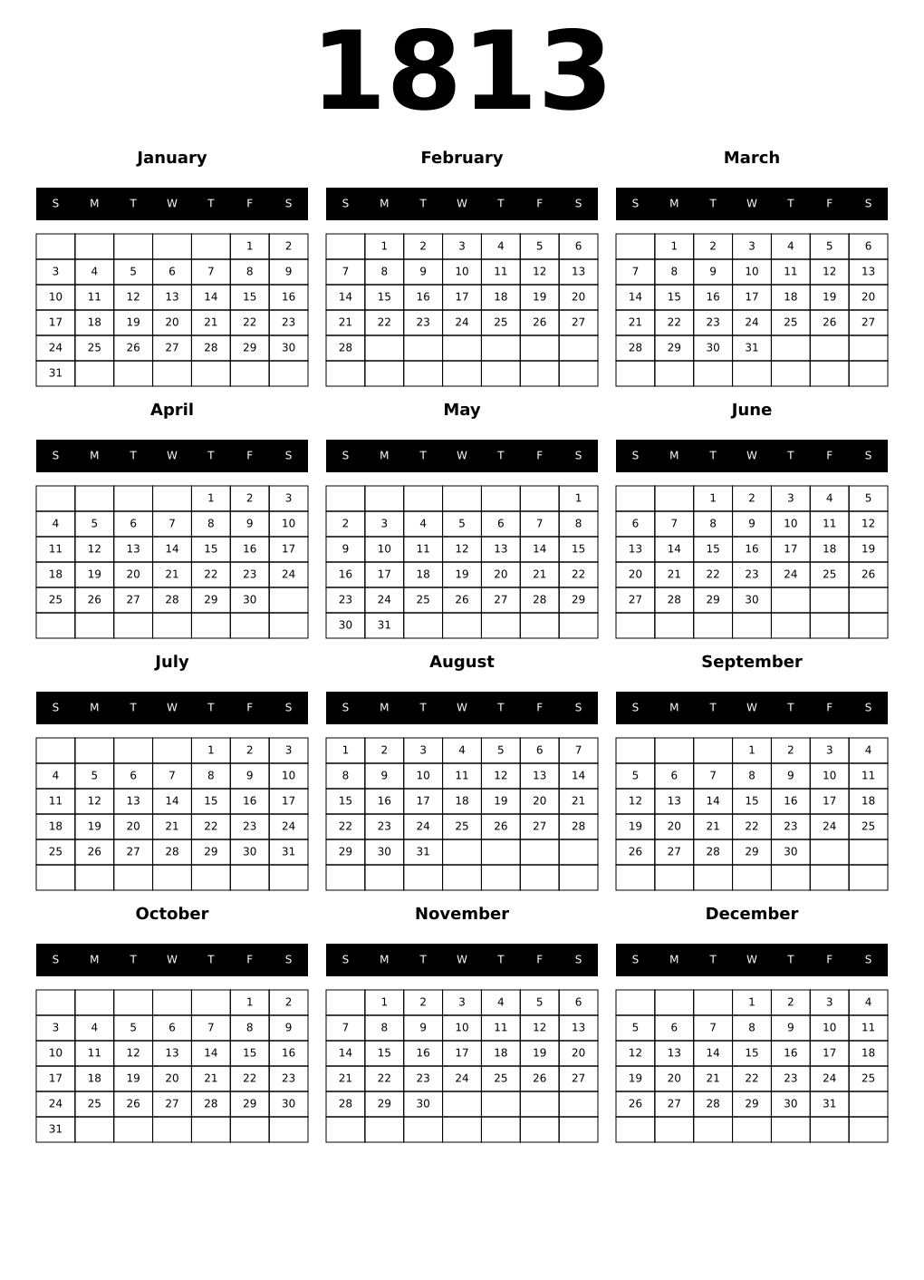 Printable 1813 Year Calendars black
