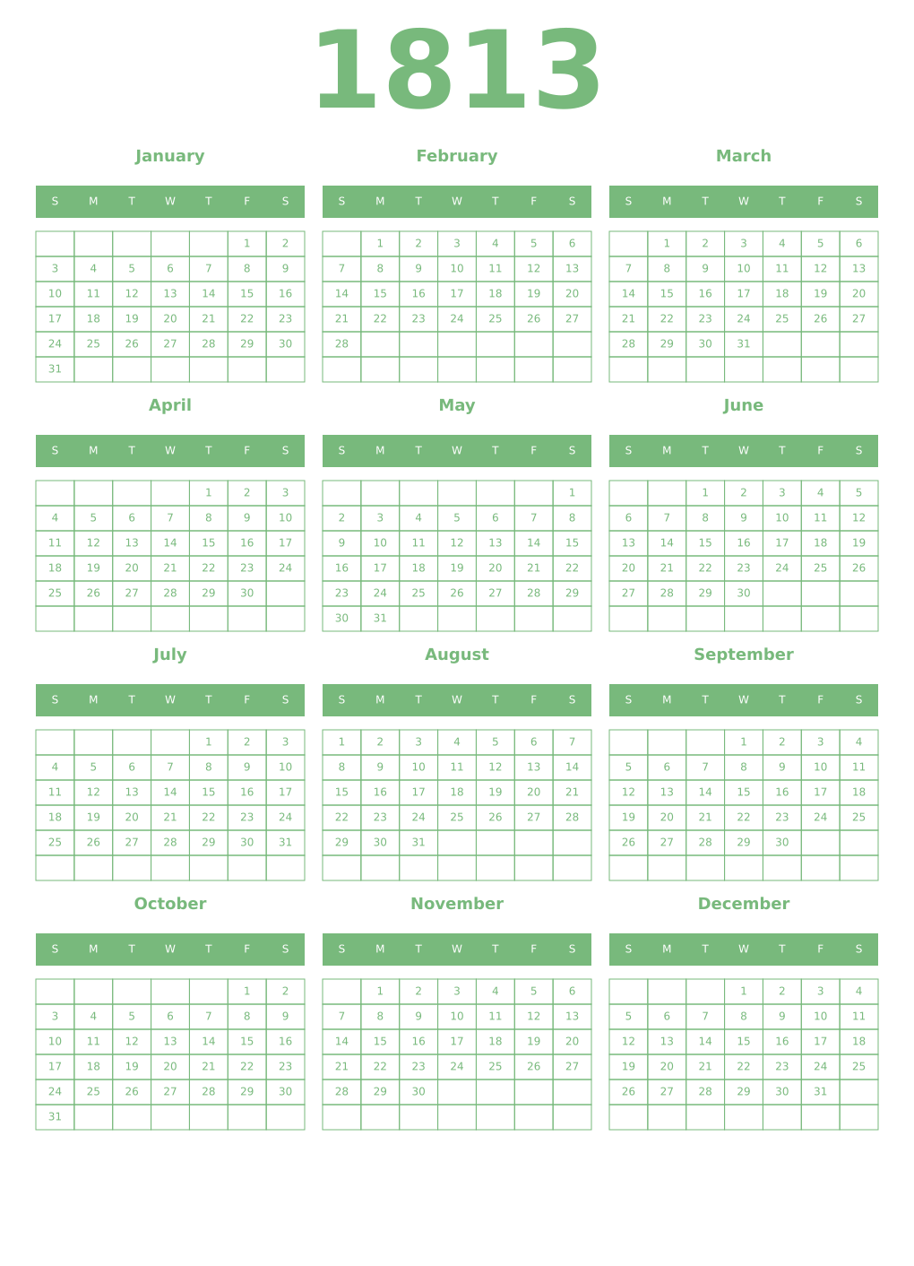 Printable 1813 Year Calendars celadon