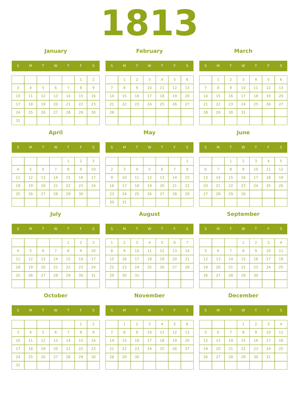 Printable 1813 Year Calendars chartreuse