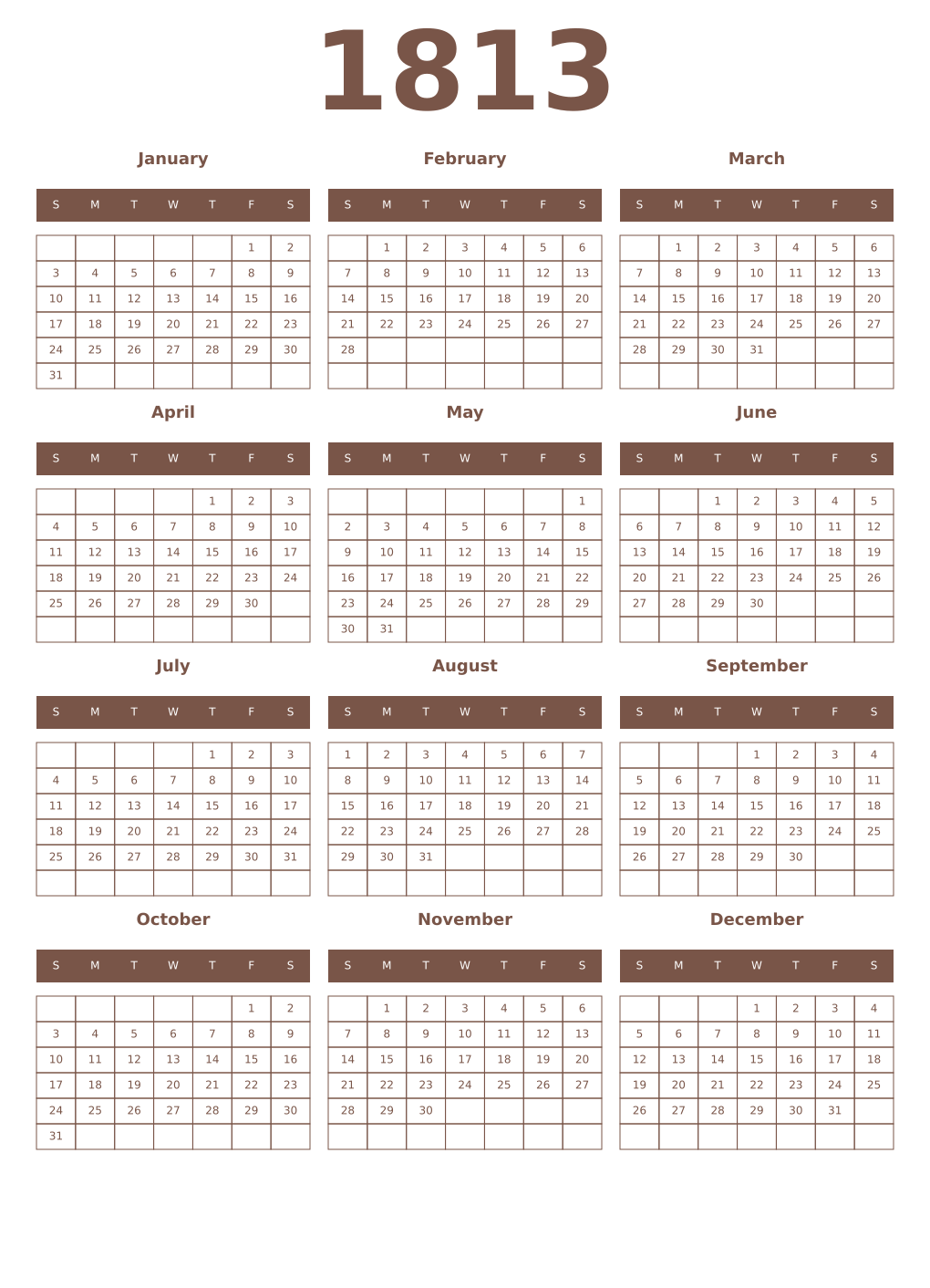 Printable 1813 Year Calendars coffe