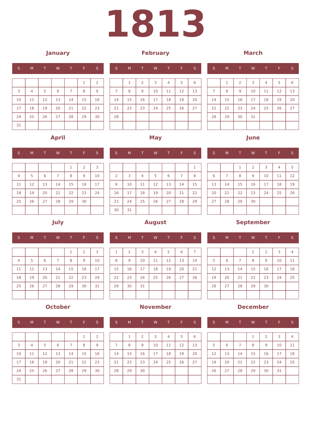 Printable 1813 Year Calendars cordovan