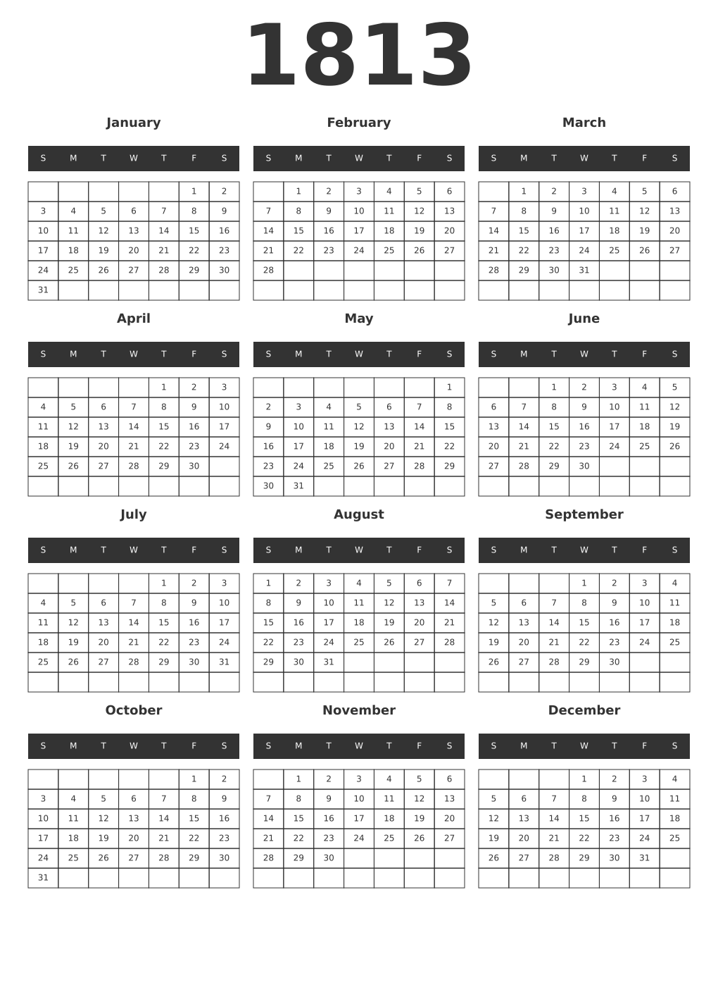 Printable 1813 Year Calendars dark