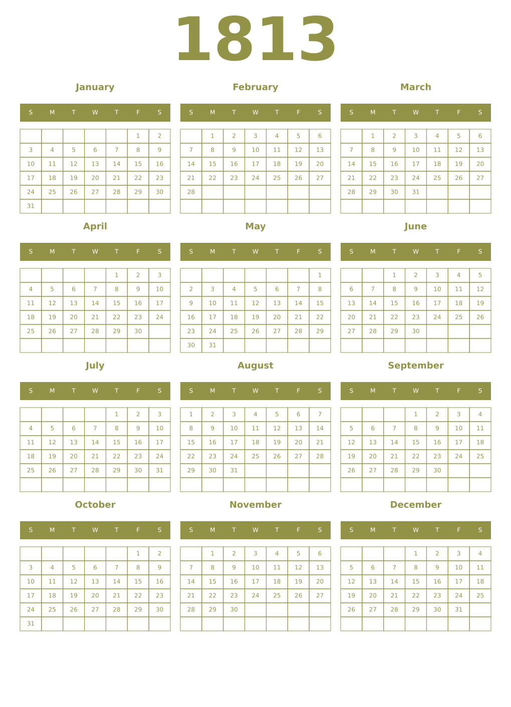 Printable 1813 Year Calendars eburnean