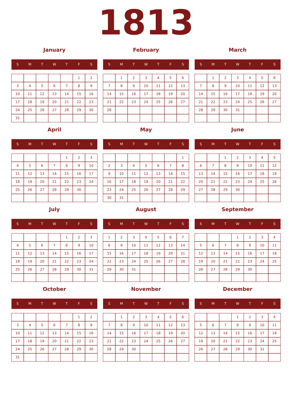 Printable 1813 Year Calendars falu