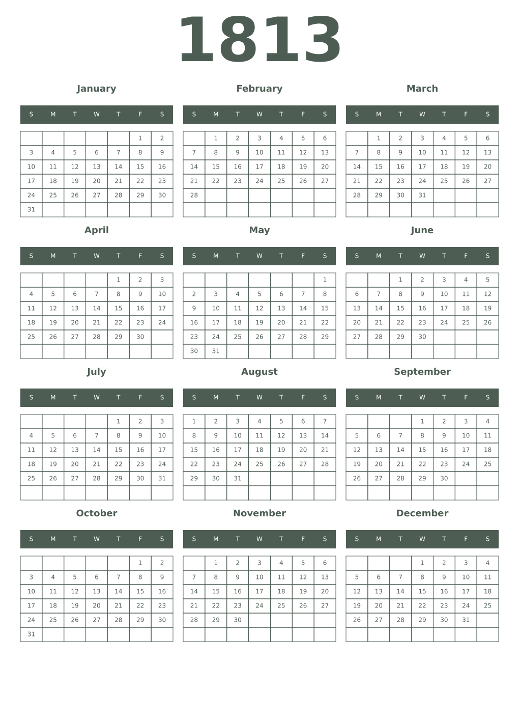 Printable 1813 Year Calendars feldgrau