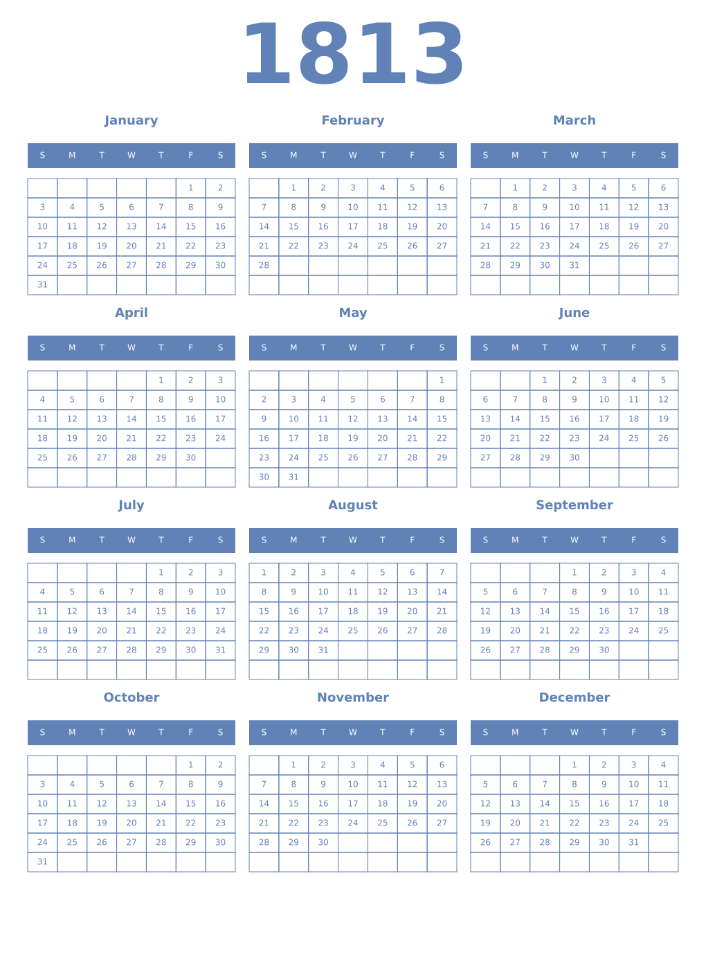 Printable 1813 Year Calendars glaucous
