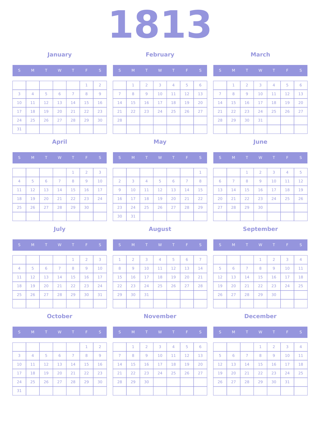 Printable 1813 Year Calendars periwinkle