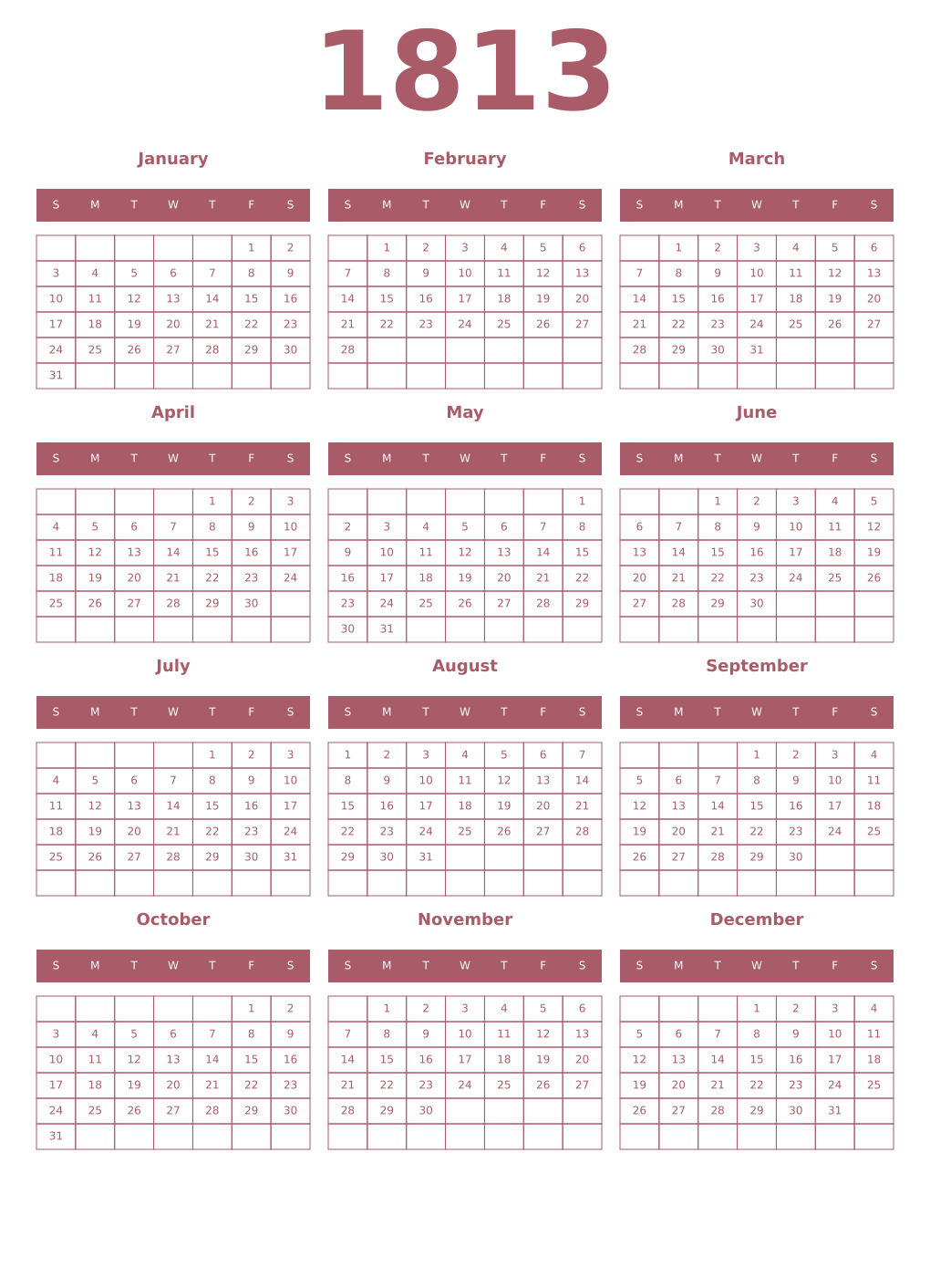 Printable 1813 Year Calendars puce