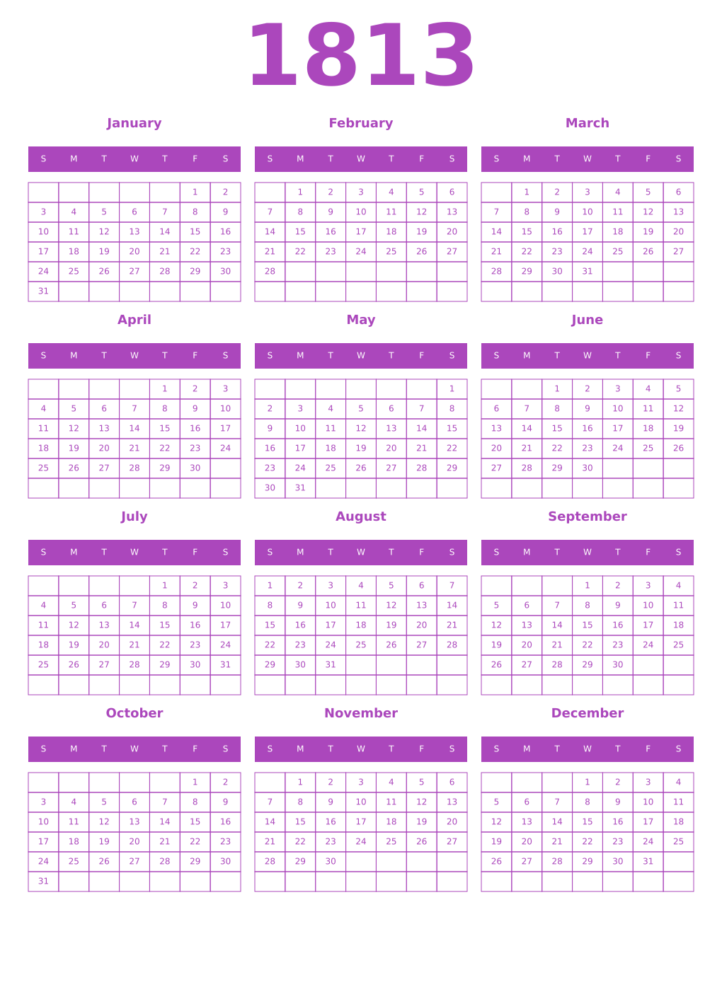 Printable 1813 Year Calendars purple