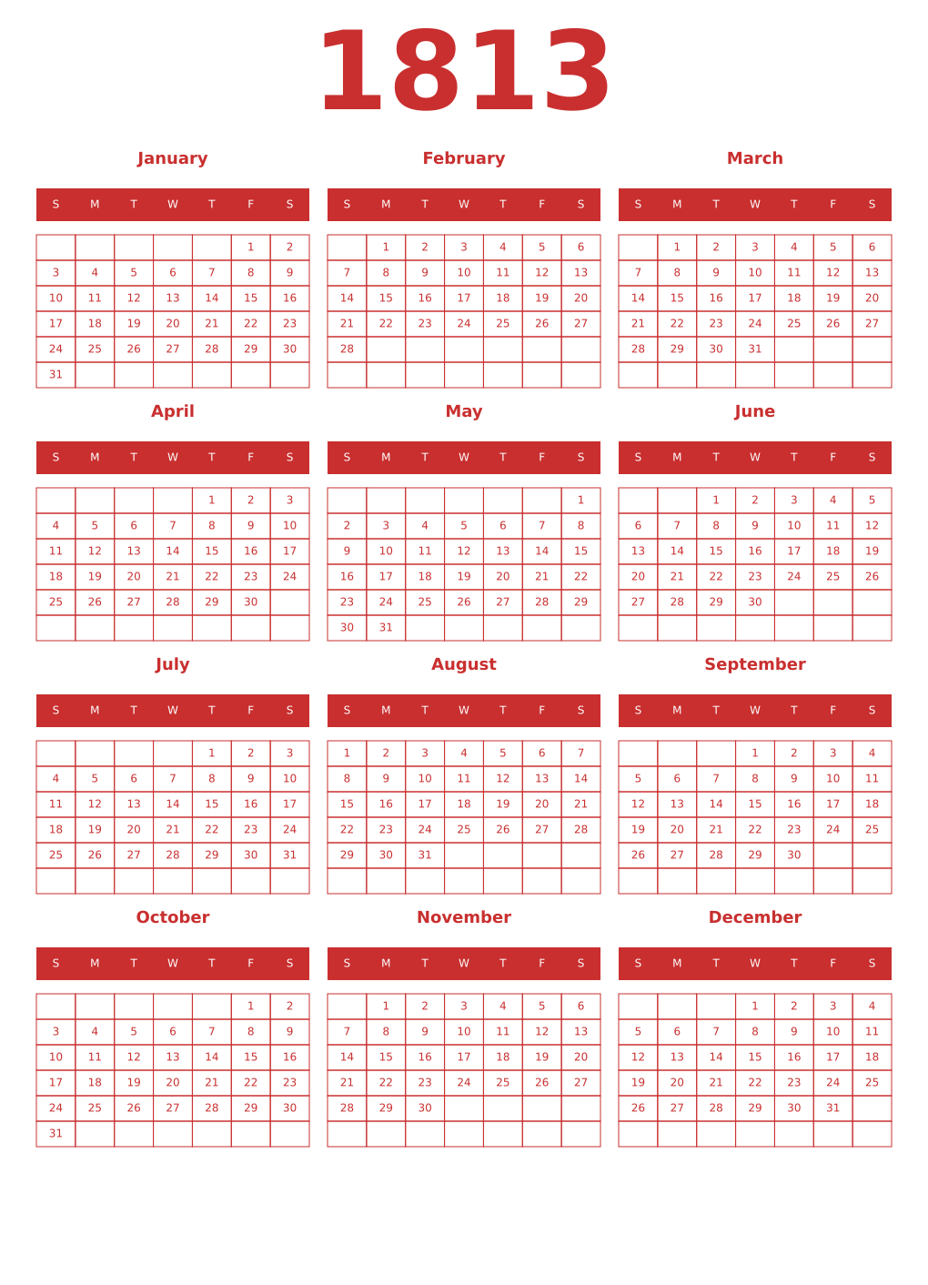 Printable 1813 Year Calendars red