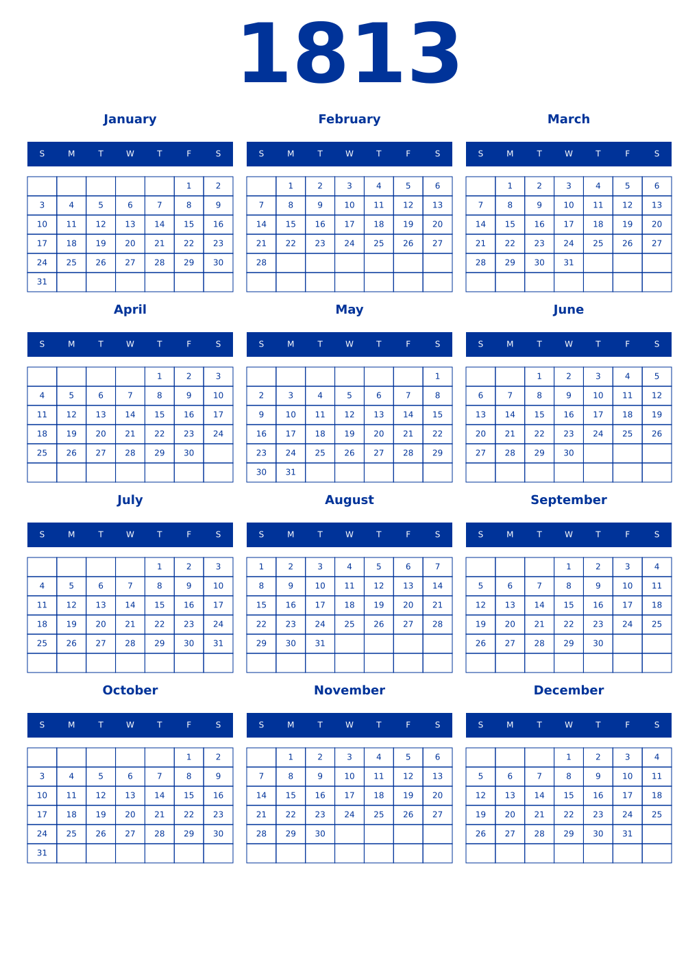 Printable 1813 Year Calendars smalt