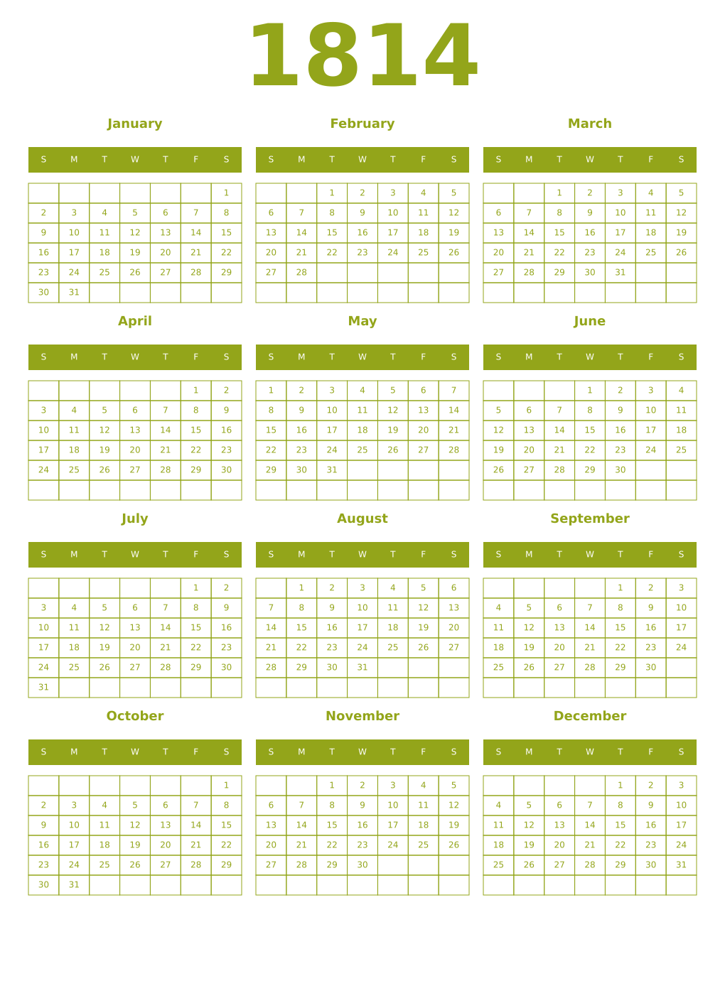 Printable 1814 Year Calendars chartreuse