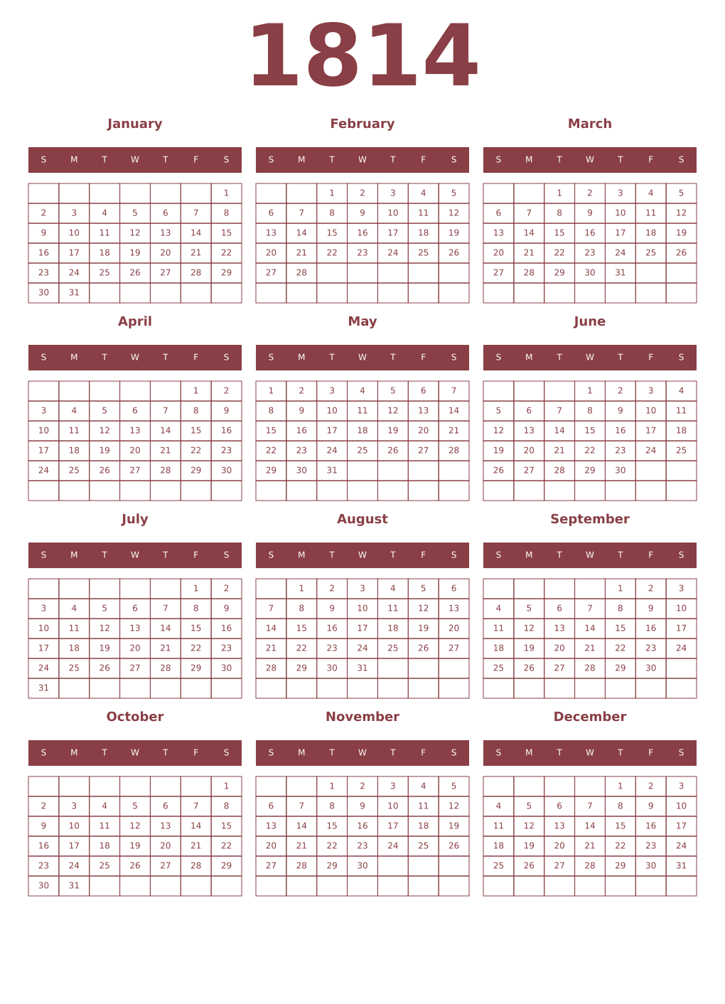 Printable 1814 Year Calendars cordovan