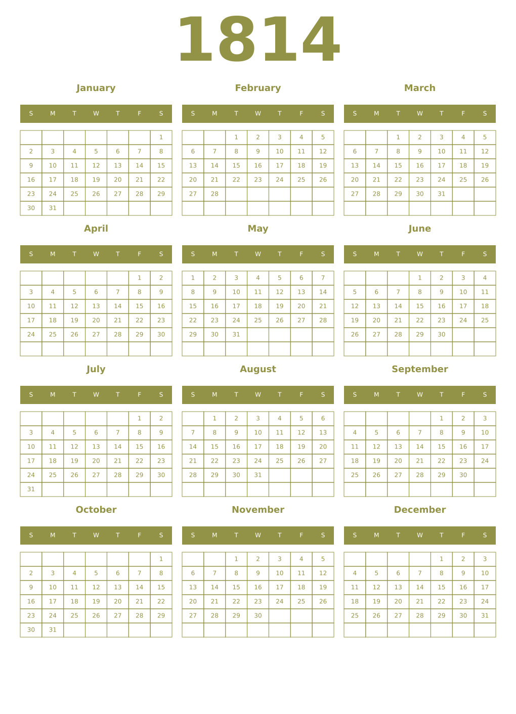 Printable 1814 Year Calendars eburnean