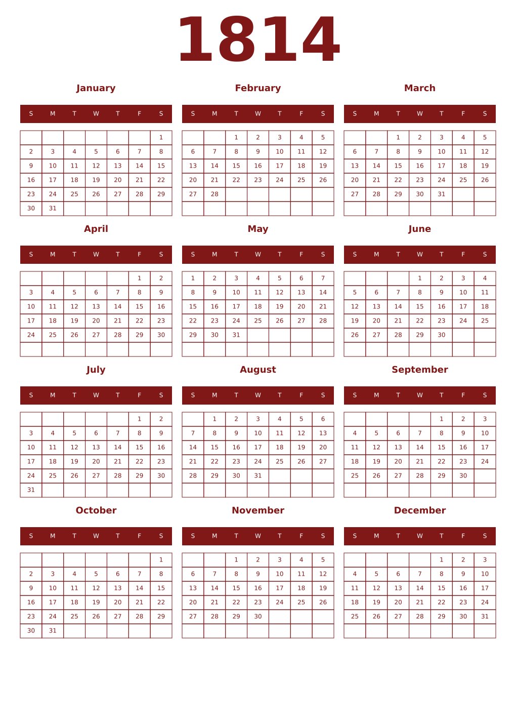 Printable 1814 Year Calendars falu
