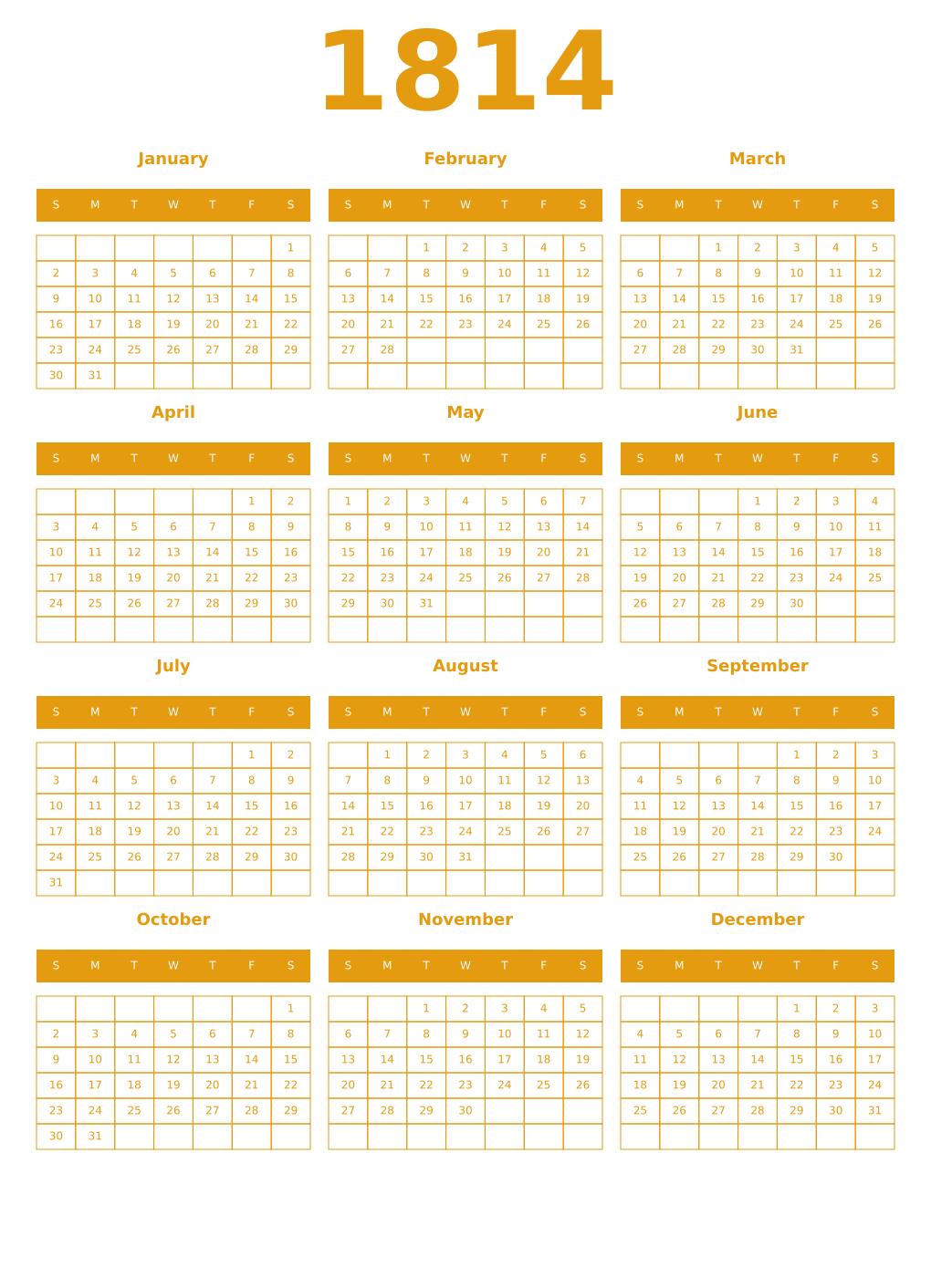 Printable 1814 Year Calendars gamboge