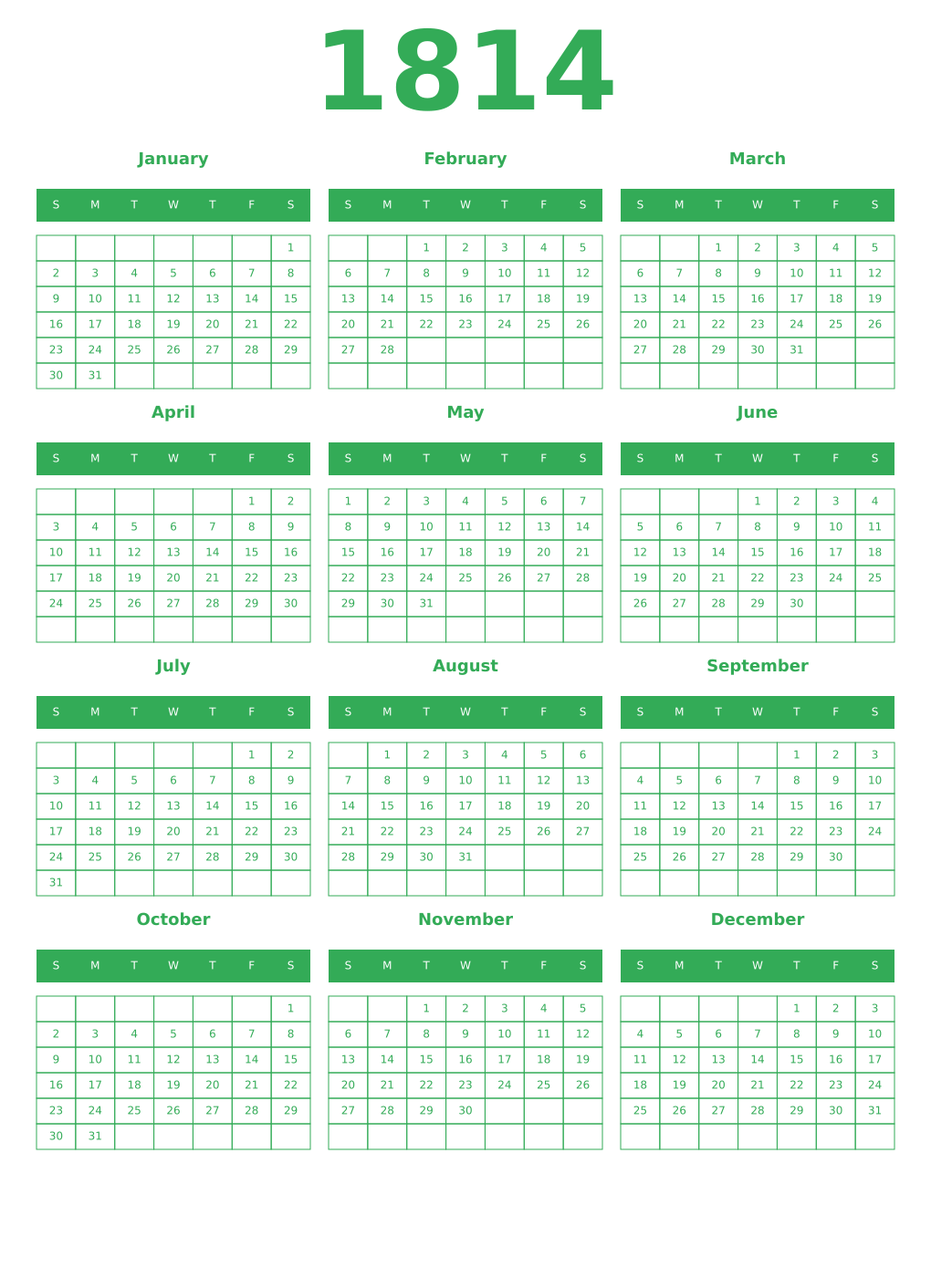 Printable 1814 Year Calendars green