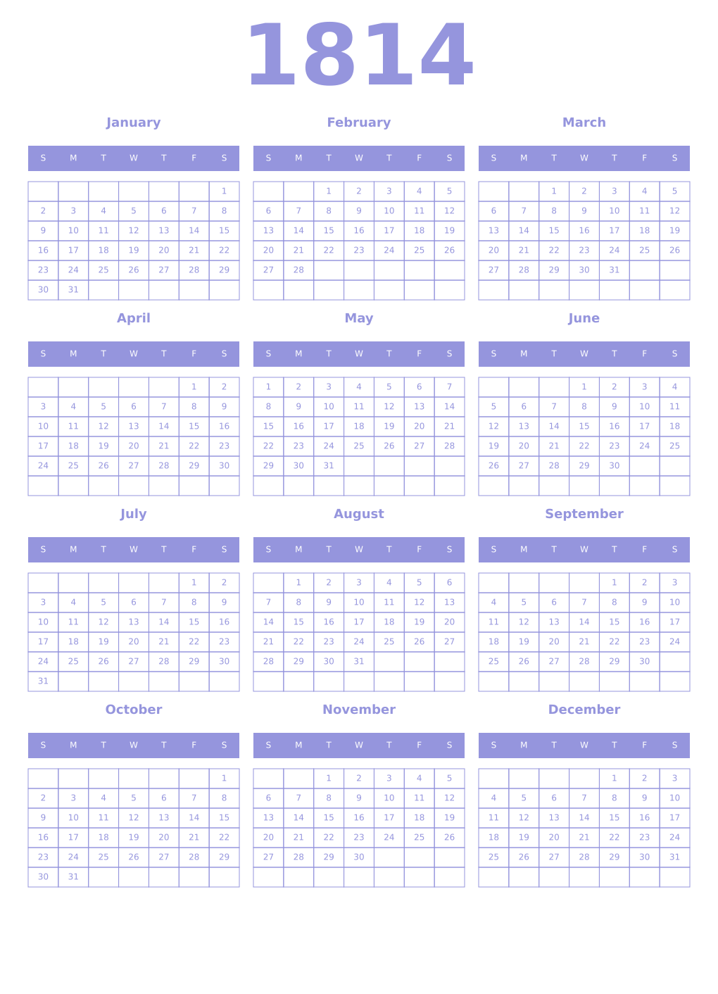 Printable 1814 Year Calendars periwinkle