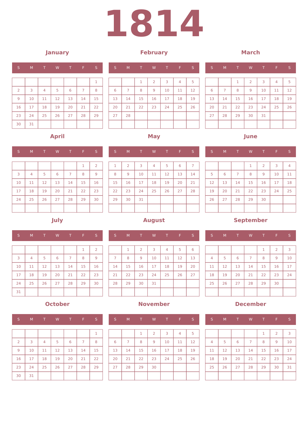 Printable 1814 Year Calendars puce
